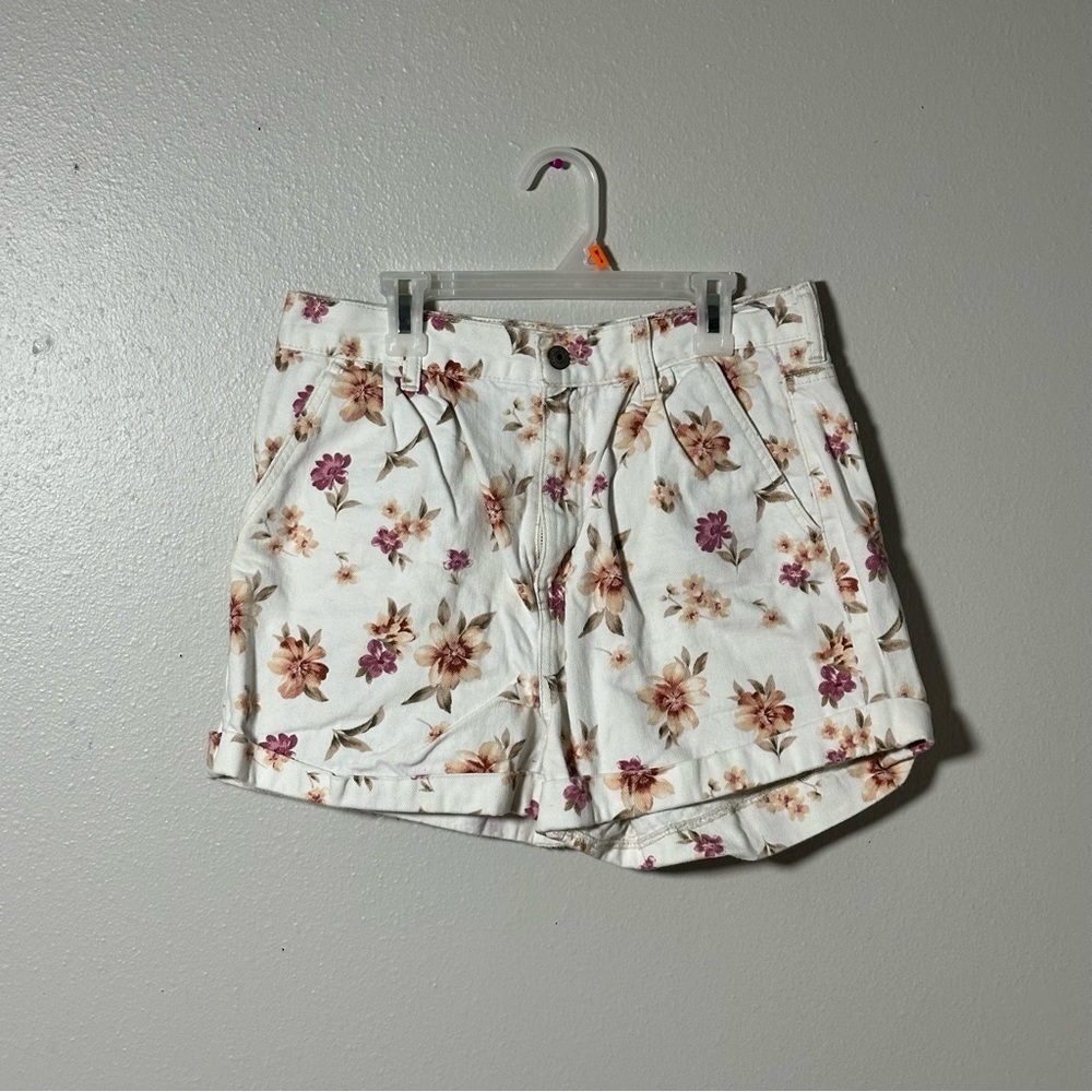 American Eagle White Denim Floral Print Women's Casual Mom Shorts size 8
